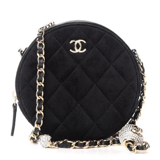 Chanel Velvet Quilted Pearl Crush Round Clutch With Chain – Black