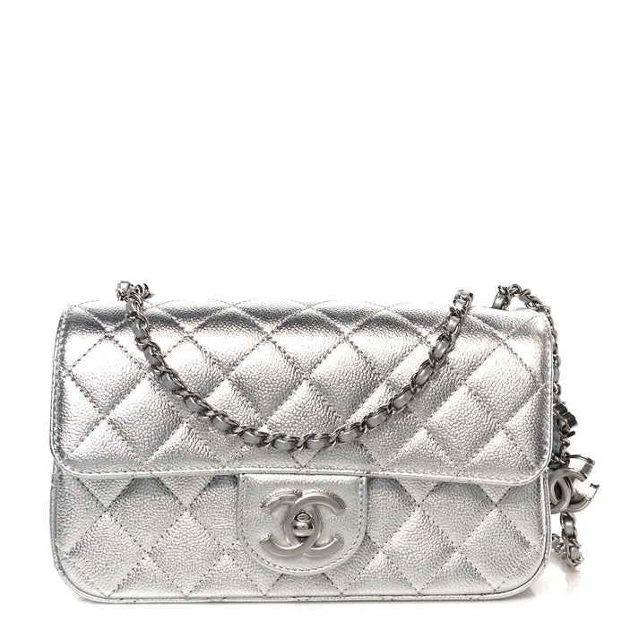 Chanel Metallic Caviar Quilted Mini Rectangular CC Slide Flap – Silver