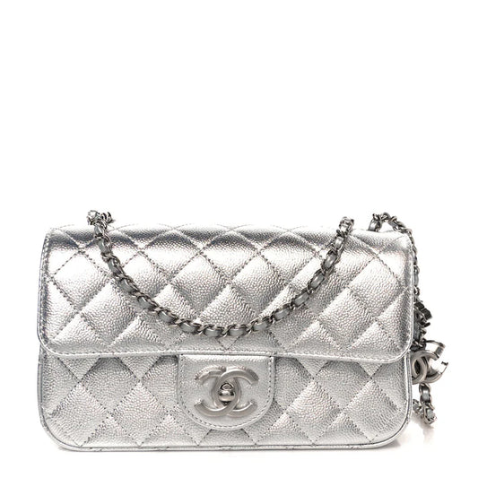 Chanel Metallic Caviar Quilted Mini Rectangular CC Slide Flap – Silver