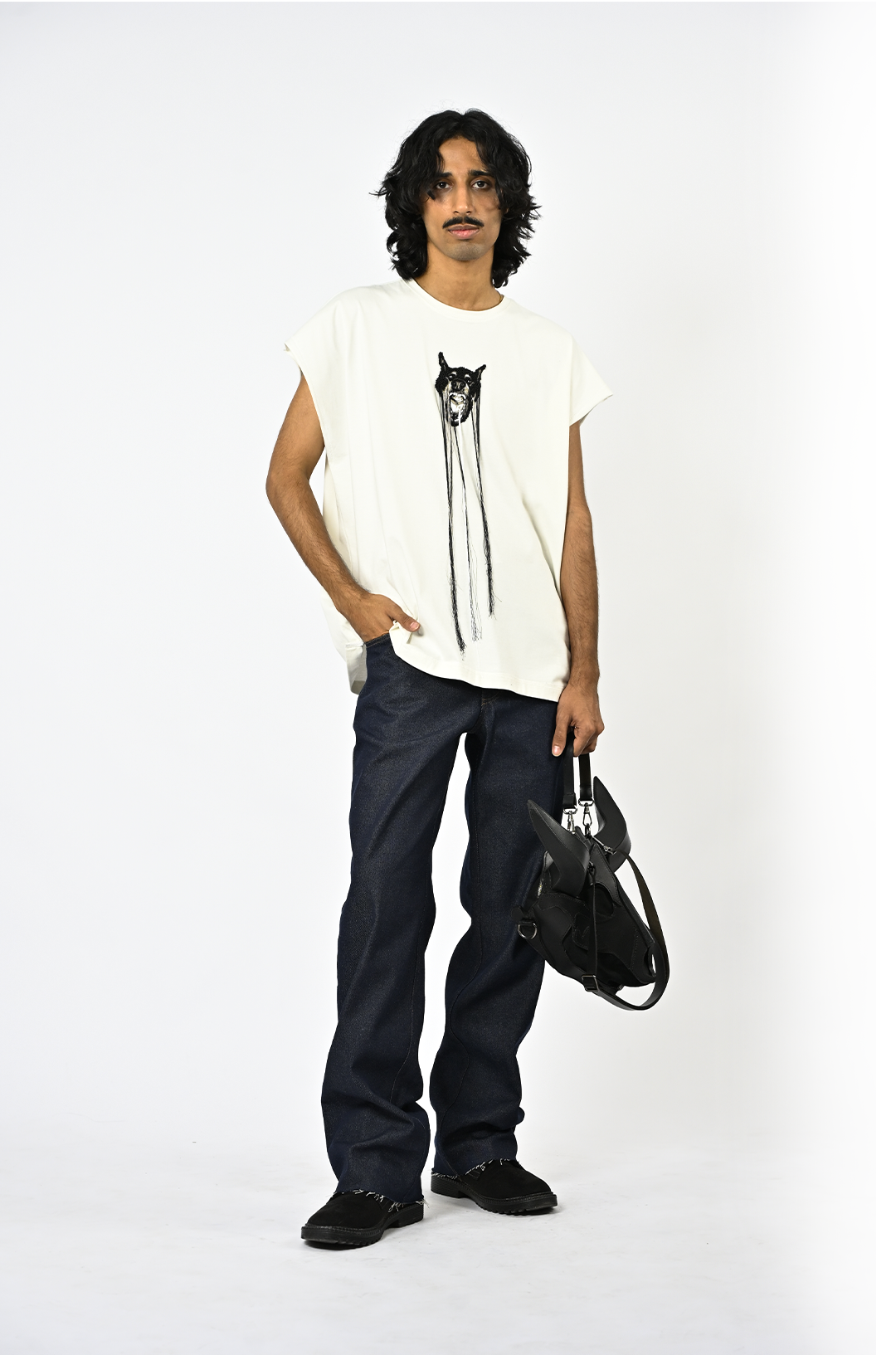 Hand-embroidered canine top with hanging silk threads (Men's) - White by HUEMN