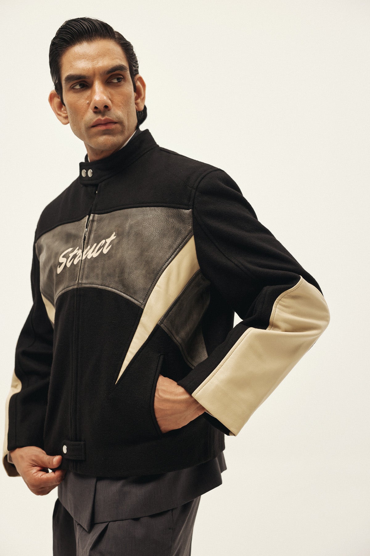 STRUCT DISTRESSED LEATHER RIDER JACKET BLACK by STRUCT