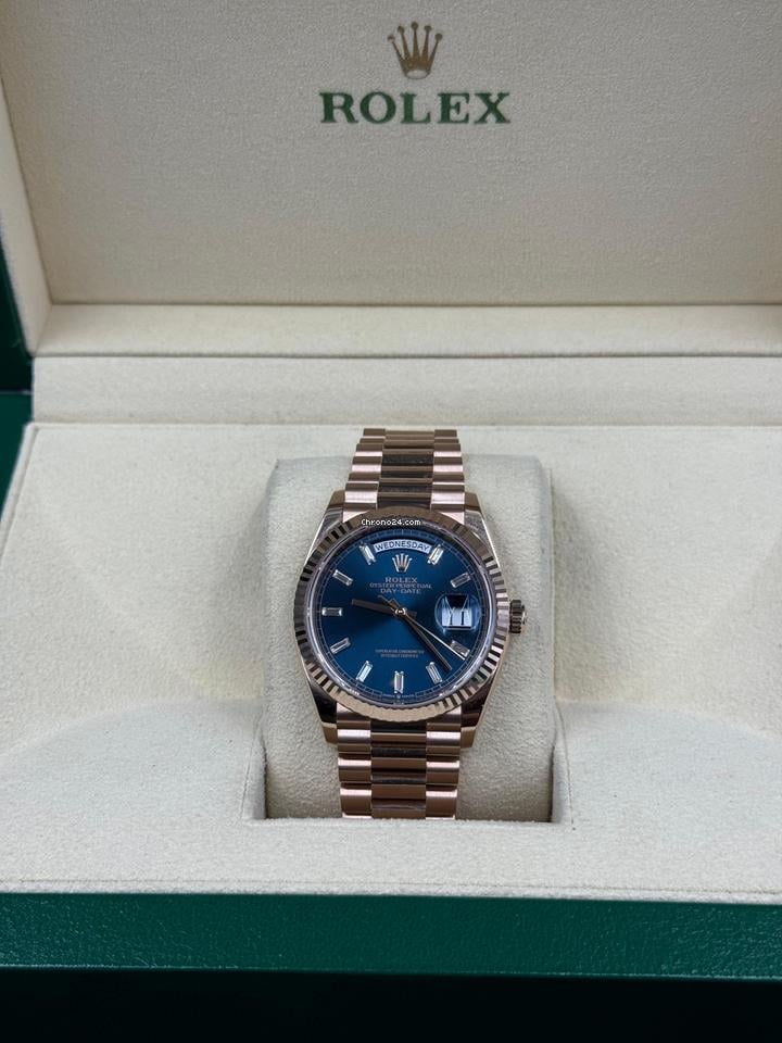 Men’s Rolex Day-Date 36 Ref. 128235 Rose Gold Blue Baguette Dial Automatic Watch