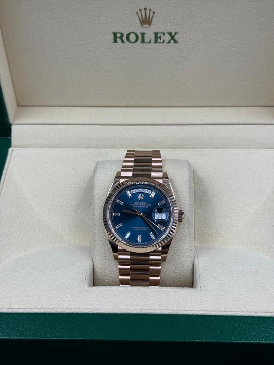 Men’s Rolex Day-Date 36 Ref. 128235 Rose Gold Blue Baguette Dial Automatic Watch - Zeuskicks