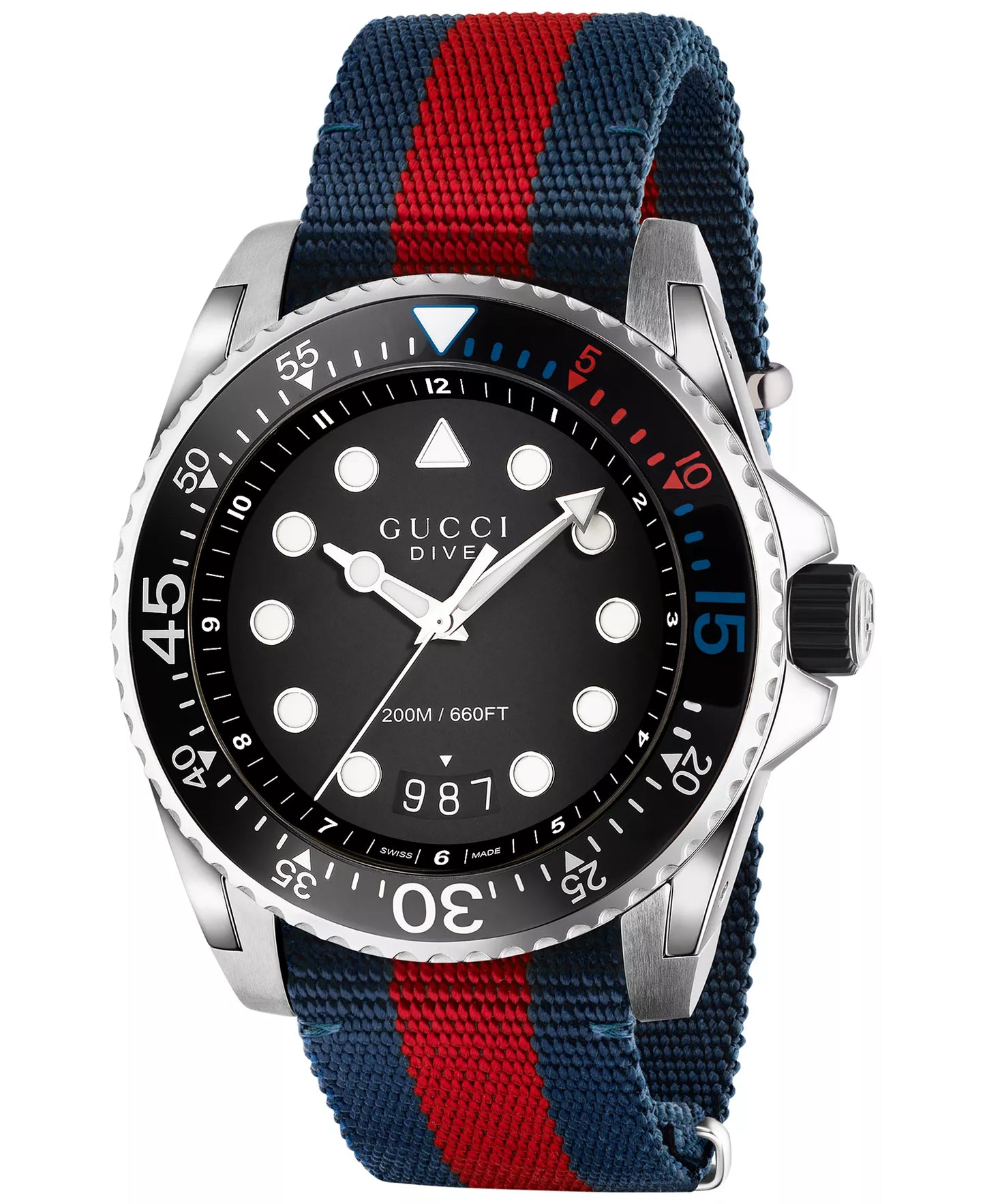 Men’s Gucci YA136210 Dive Quartz Black Dial Multicolored Textile Strap Watch