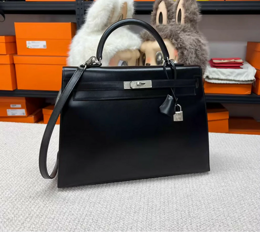 Hermès Kelly 32 – Black Box Leather with Palladium Guilloche Hardware - Zeuskicks