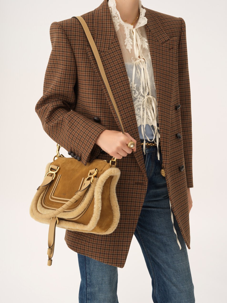 CHLOE Small Marcie bag in suede leather & shearling Summery Beige by CHLOE
