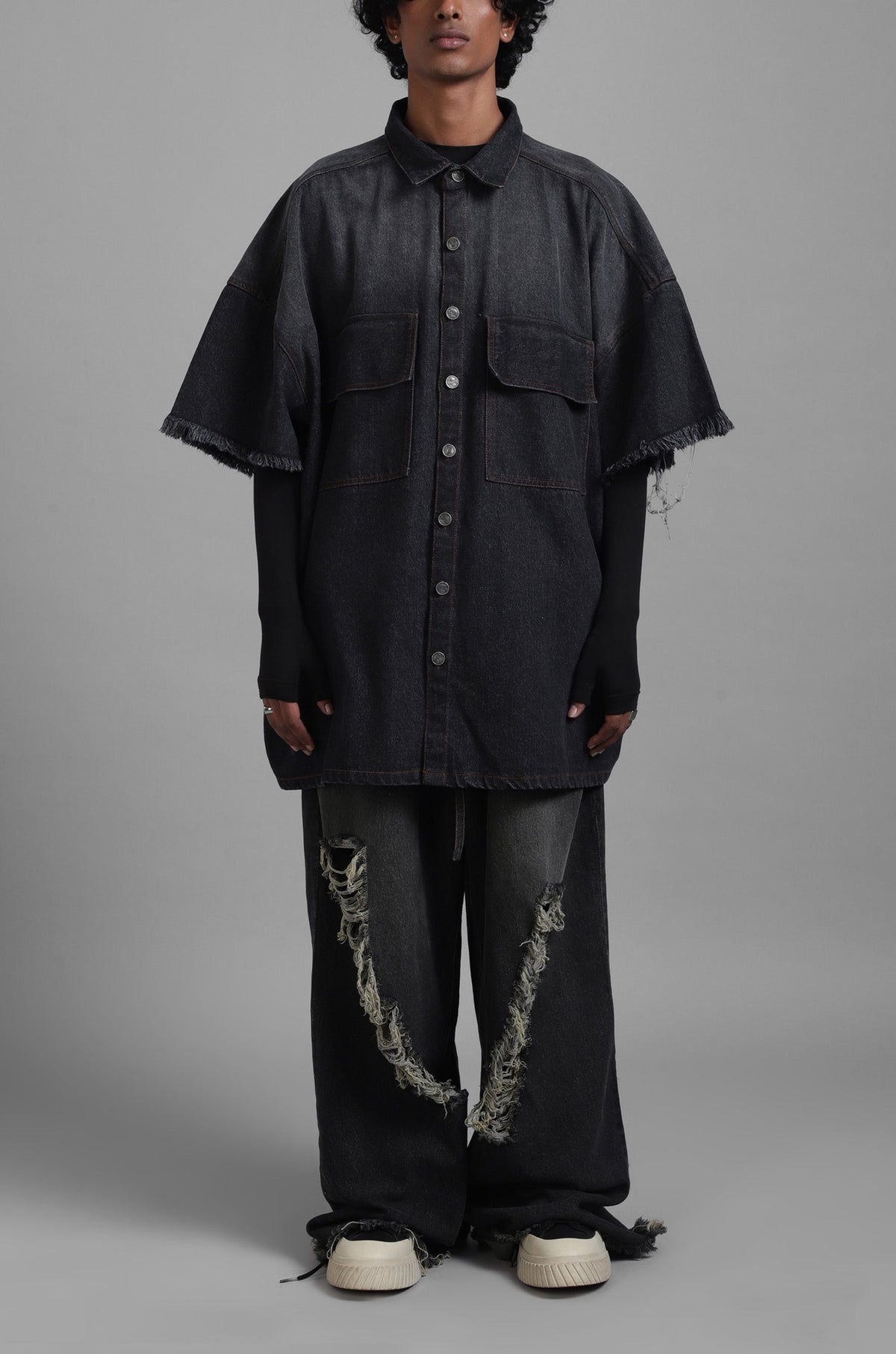 SuperHUEMN Dark Wash Faded Effect Denim Overshirt with Patched Pockets (Black) by HUEMN