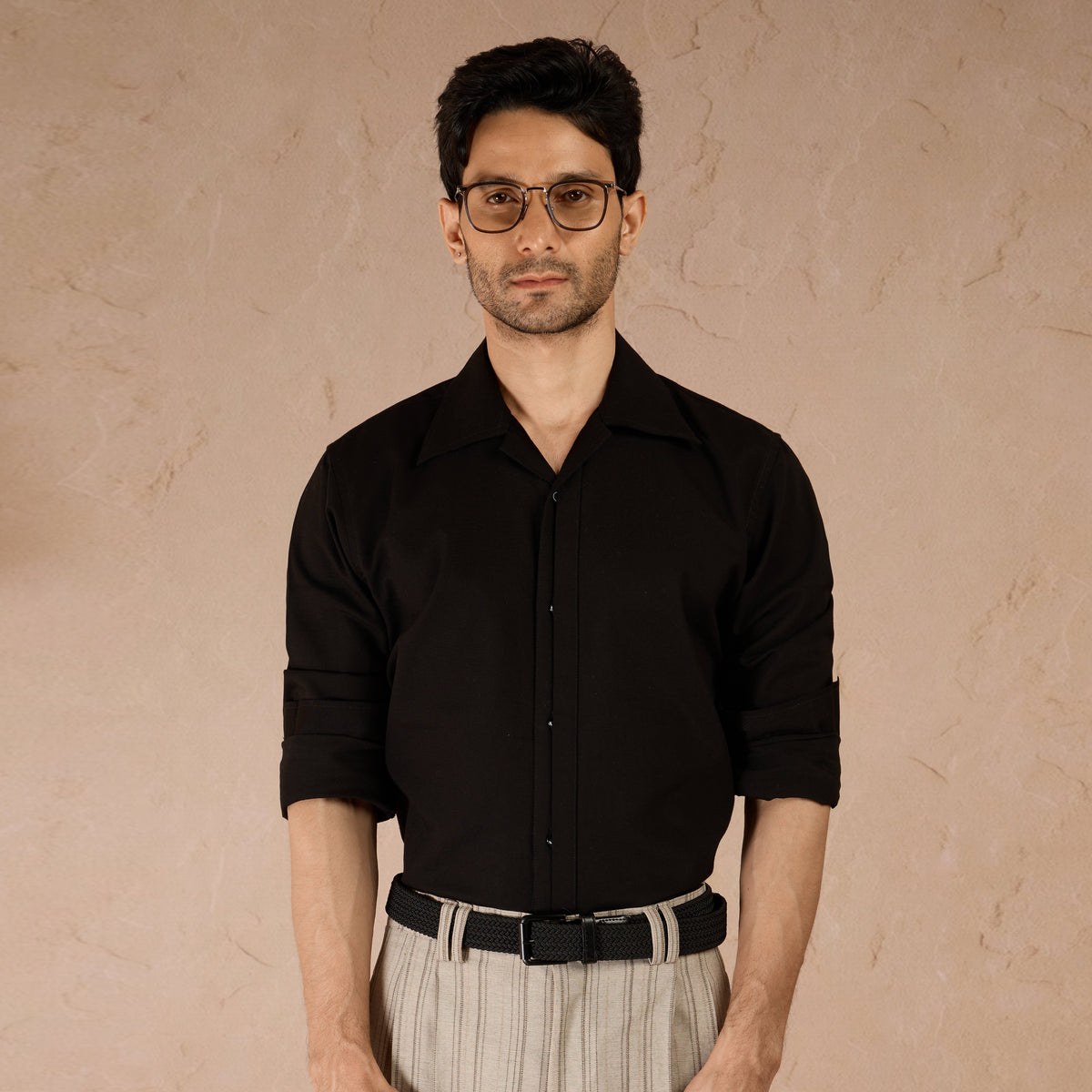 HALF PLACKET COTTON OXFORD SHIRT - BLACK by Warping Theories