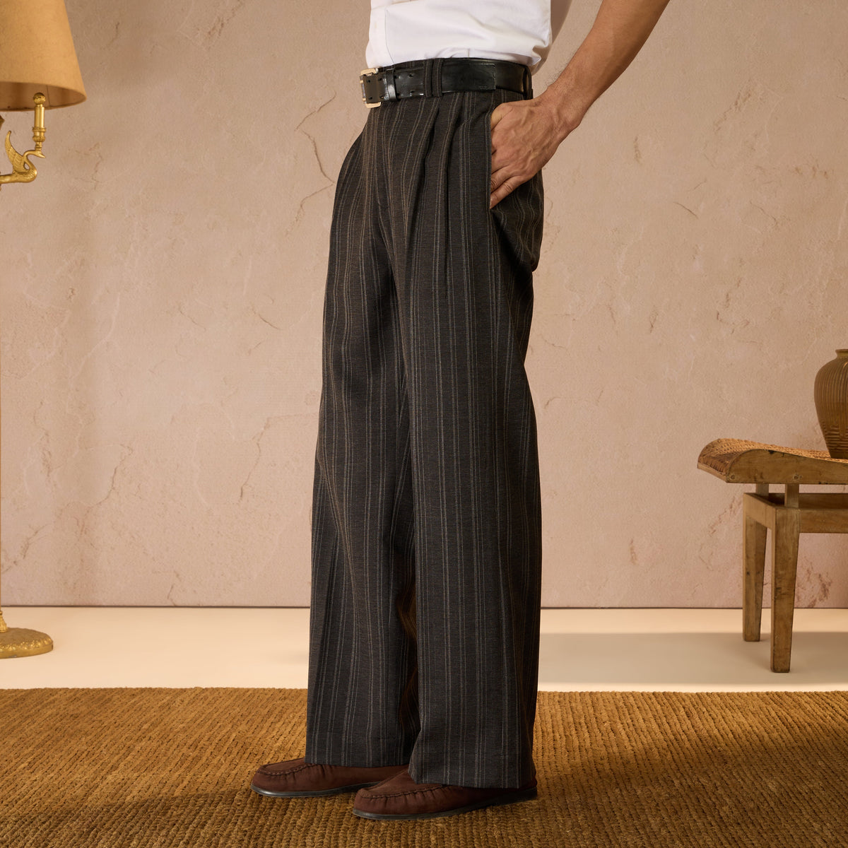 RELAXED FIT  PINSTRIPE TROUSERS - BLACK by Warping Theories