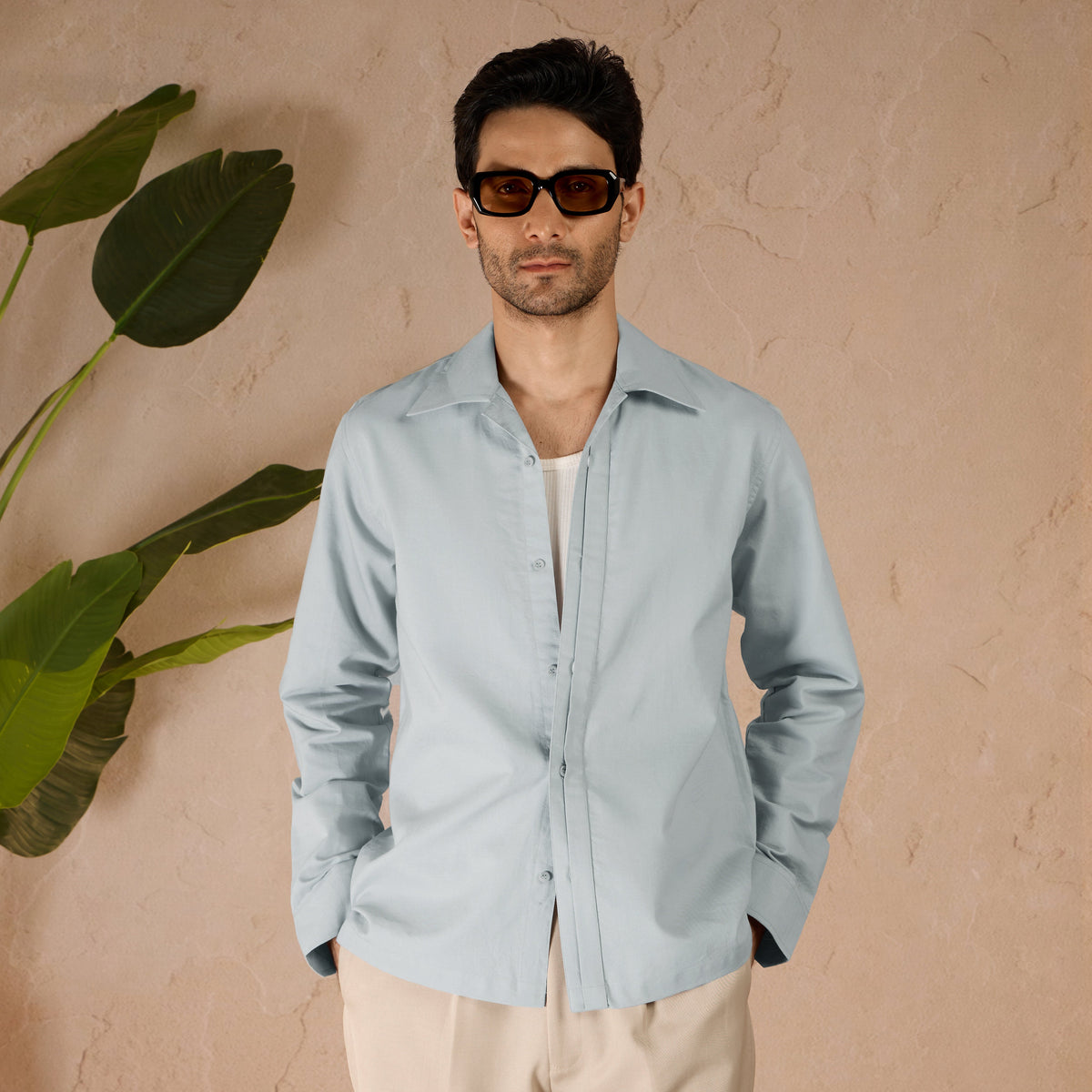 HALF PLACKET COTTON OXFORD SHIRT - SKY BLUE by Warping Theories