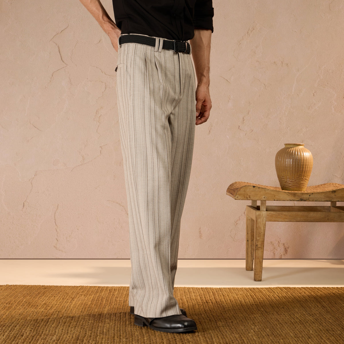 RELAXED FIT  PINSTRIPE TROUSERS - BEIGE by Warping Theories