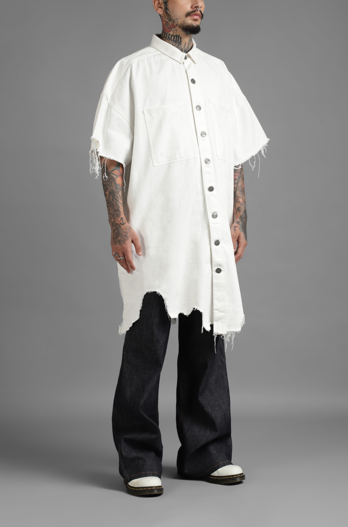 SuperHUEMN Denim Oversized Asymmetric Longline Shirt (White) by HUEMN