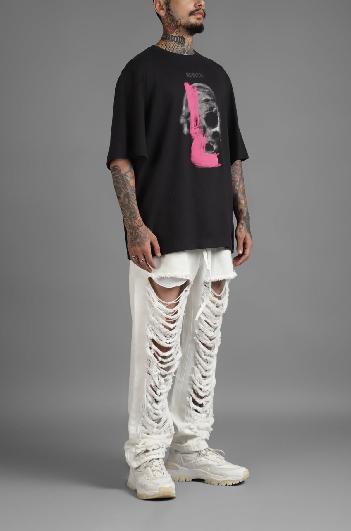 SuperHUEMN Slit and Frayed Denim (White) by HUEMN