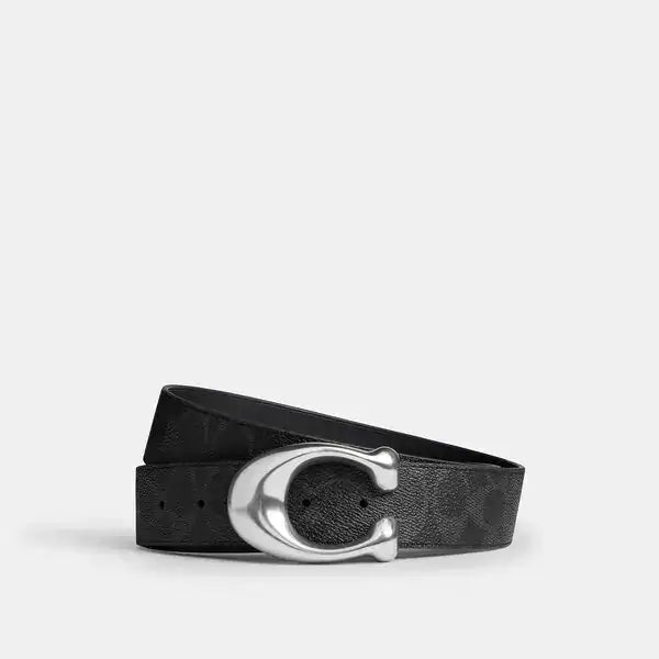 COACH Sculpted C Buckle Reversible Belt 38mm – Black Signature/Black