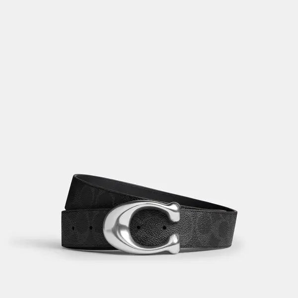 COACH Sculpted C Buckle Reversible Belt 38mm – Black Signature/Black