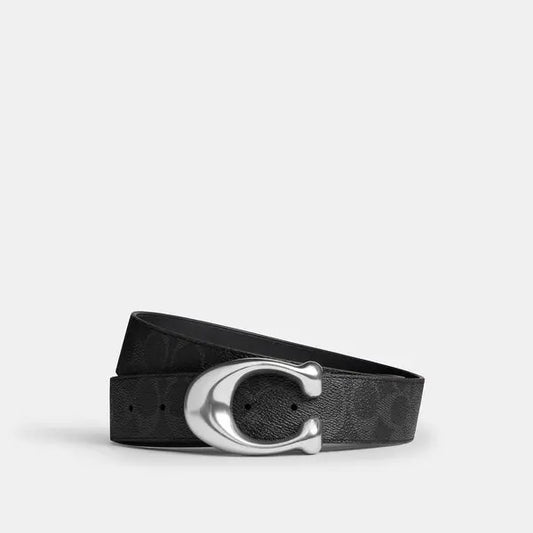 COACH Sculpted C Buckle Reversible Belt 38mm – Black Signature/Black