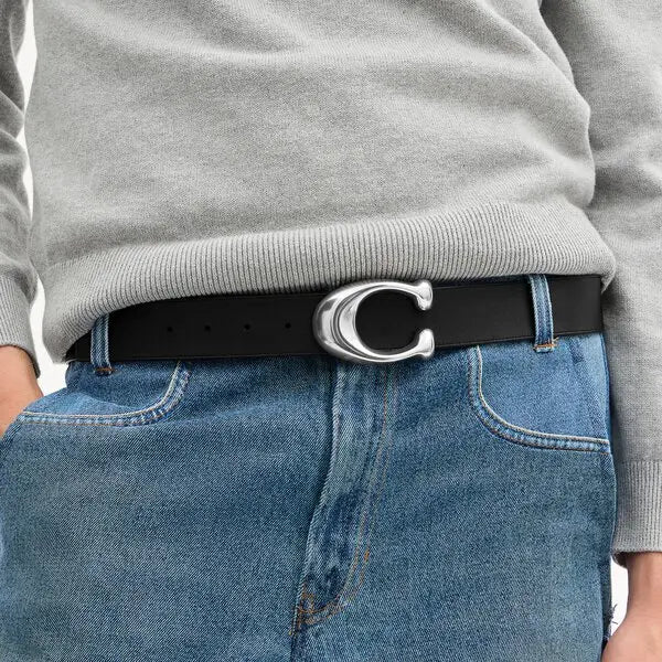 COACH Sculpted C Buckle Reversible Belt 38mm – Black Signature/Black