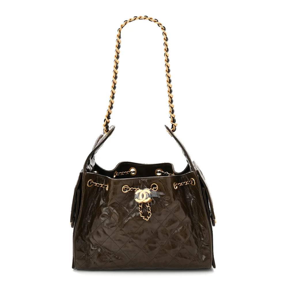 Chanel Shiny Crumpled Calfskin Quilted Small Chanel 25 Handbag – Khaki - Zeuskicks