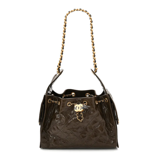 Chanel Shiny Crumpled Calfskin Quilted Small Chanel 25 Handbag – Khaki - Zeuskicks