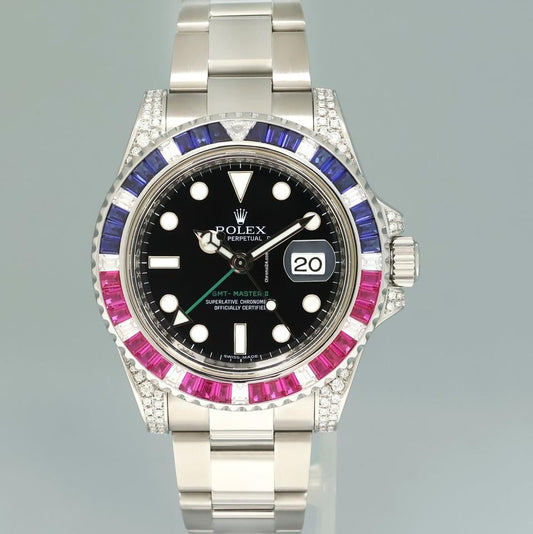 Men’s Rolex GMT-Master II 116710 Steel 40mm Diamond Ruby Sapphire Watch - Zeuskicks