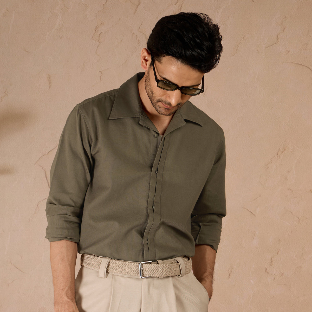 HALF PLACKET COTTON OXFORD SHIRT - OLIVE by Warping Theories