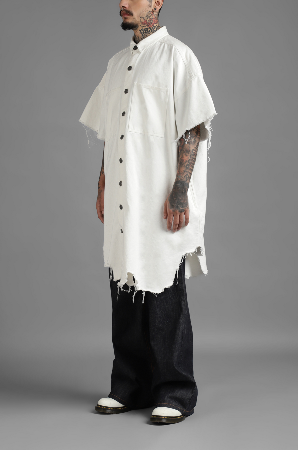 SuperHUEMN Denim Oversized Asymmetric Longline Shirt (White) by HUEMN