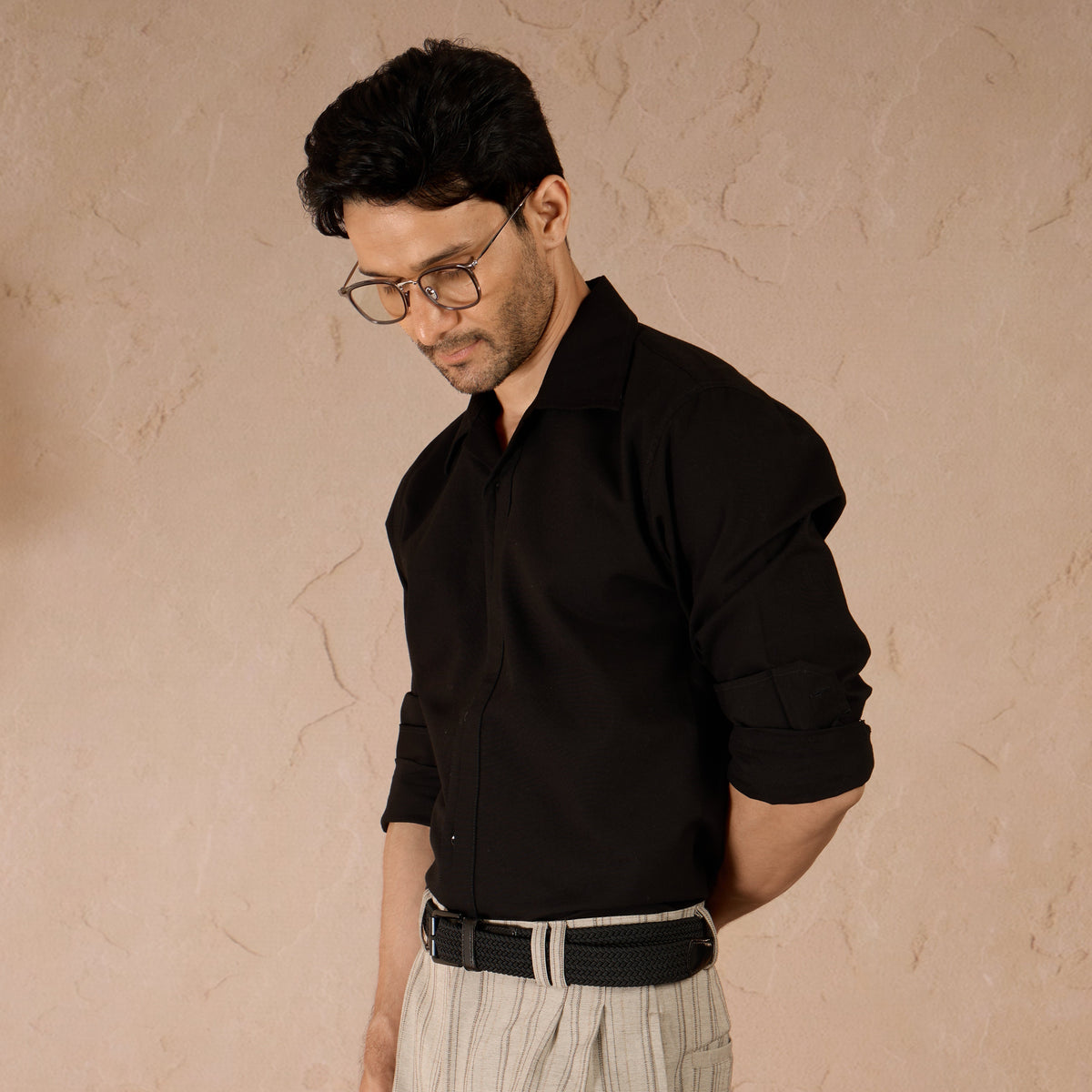 HALF PLACKET COTTON OXFORD SHIRT - BLACK by Warping Theories