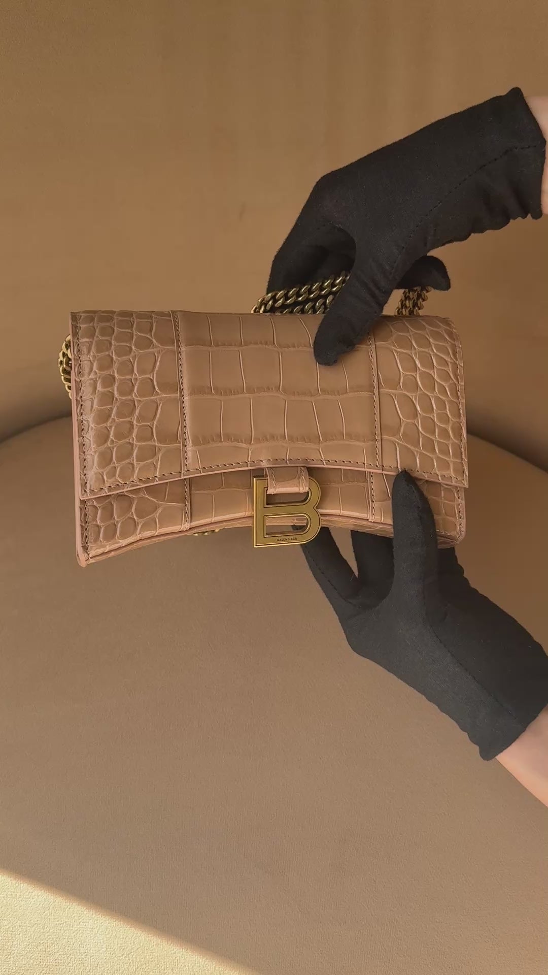 Balenciaga Small Croc Embossed Hourglass Wallet on Chain – Beige