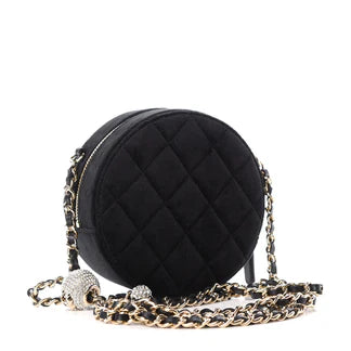 Chanel Velvet Quilted Pearl Crush Round Clutch With Chain – Black