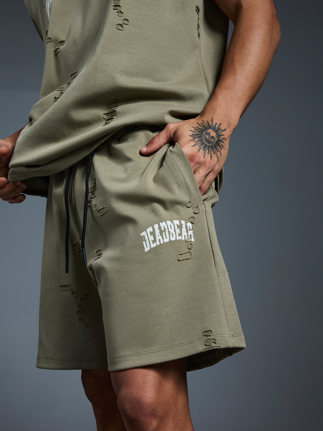 Distressed Olive Shorts by DEADBEAR