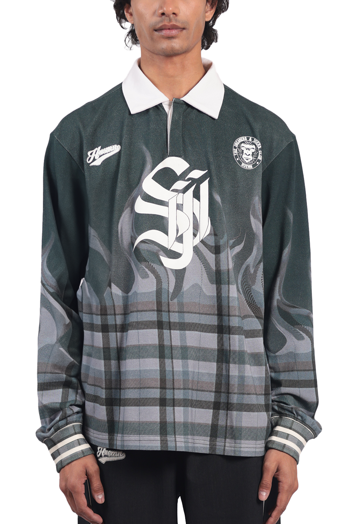 Shreyas Iyer x HUEMN 'SI' monogram full sleeved t-shirt in checkered flame pattern (Green) by HUEMN