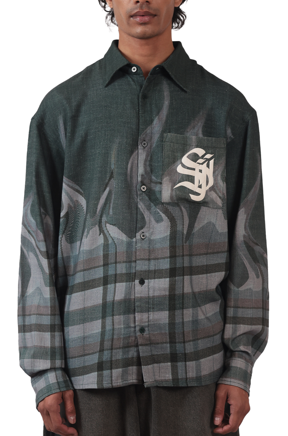 Shreyas Iyer x HUEMN 'SI' monogram Shirt in checkered flame pattern (Green) by HUEMN