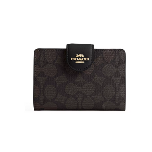 Coach Medium Corner Zip Wallet In Signature Canvas Gold Walnut Black by COACH