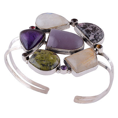 925 Sterling Silver Amethyst, Garnet, Rainbow Moonstone, Rhodonite, Agate, Charoite, Golden Rutile, Smoky Topaz, Tiger's Eye Bangle - R7100001-14