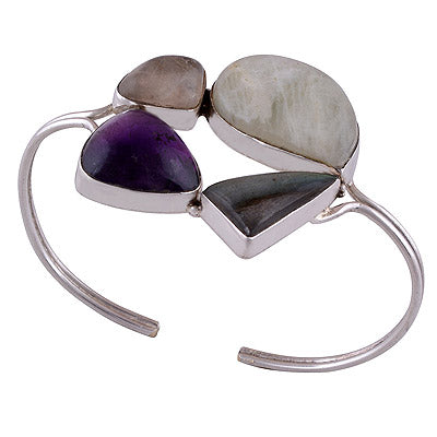 925 Sterling Silver Amethyst, Rainbow Moonstone, Labradorite, Golden Rutile Bangle - R7100001-20