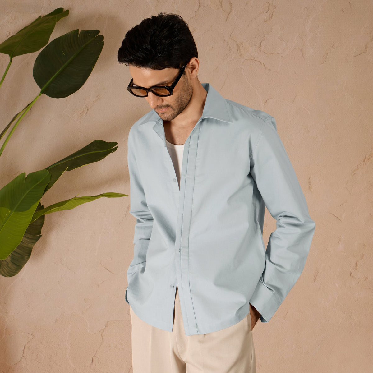 HALF PLACKET COTTON OXFORD SHIRT - SKY BLUE by Warping Theories