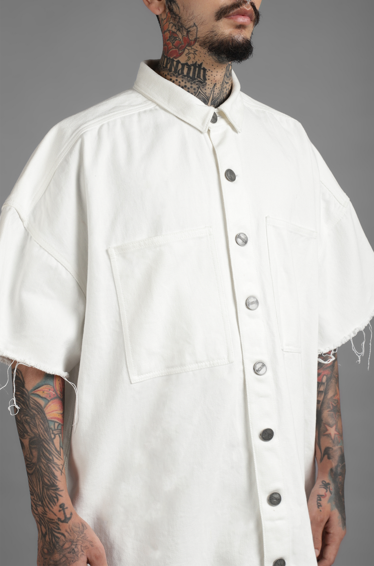 SuperHUEMN Denim Oversized Asymmetric Longline Shirt (White) by HUEMN