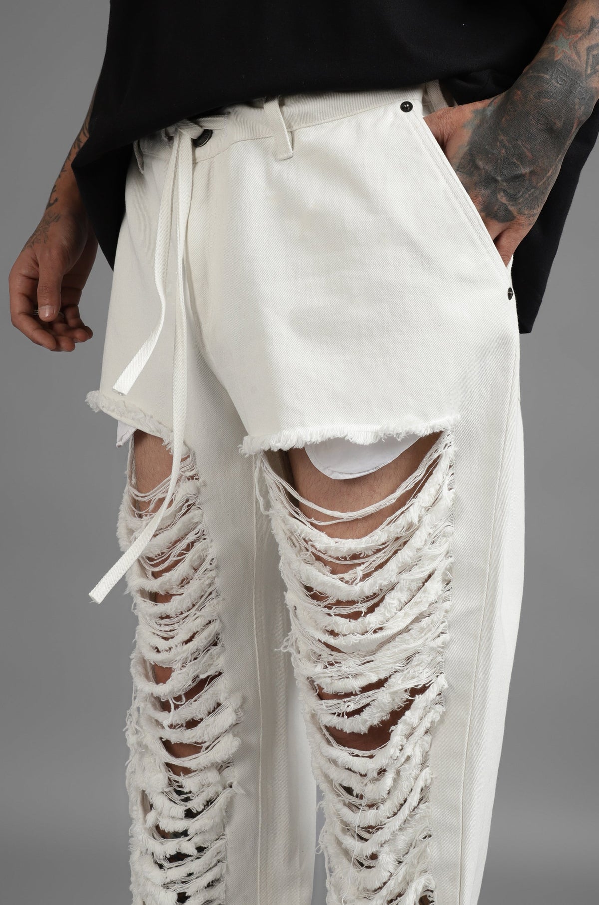 SuperHUEMN Slit and Frayed Denim (White) by HUEMN