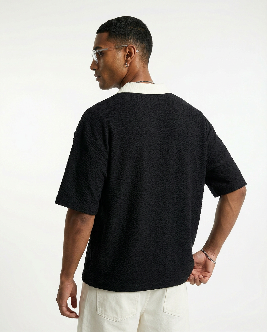 Angela Waffleknit Polo Tshirt - Black by RECNSTRCT