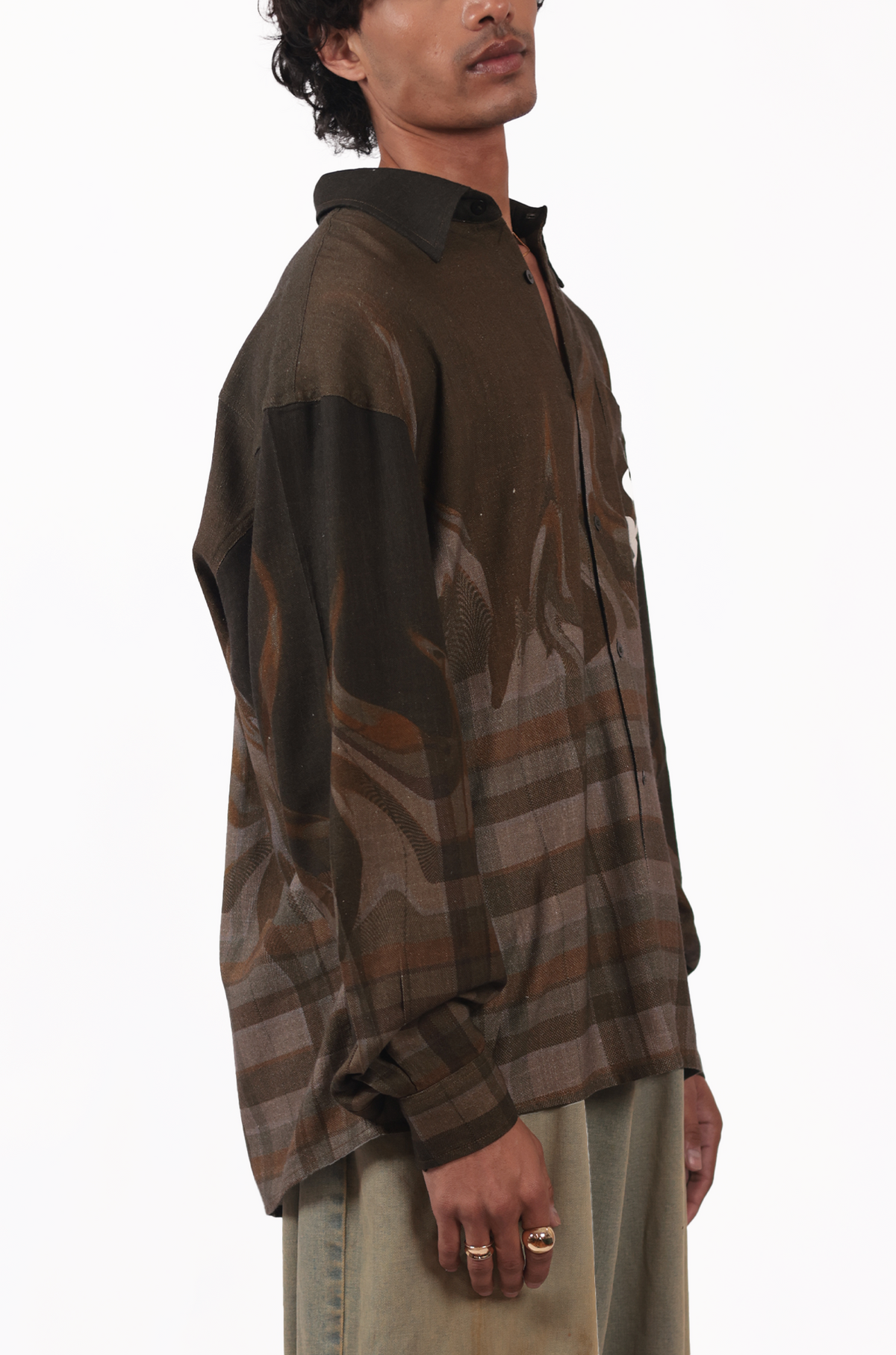 Shreyas Iyer x HUEMN 'SI' monogram Shirt in checkered flame pattern (Brown) by HUEMN
