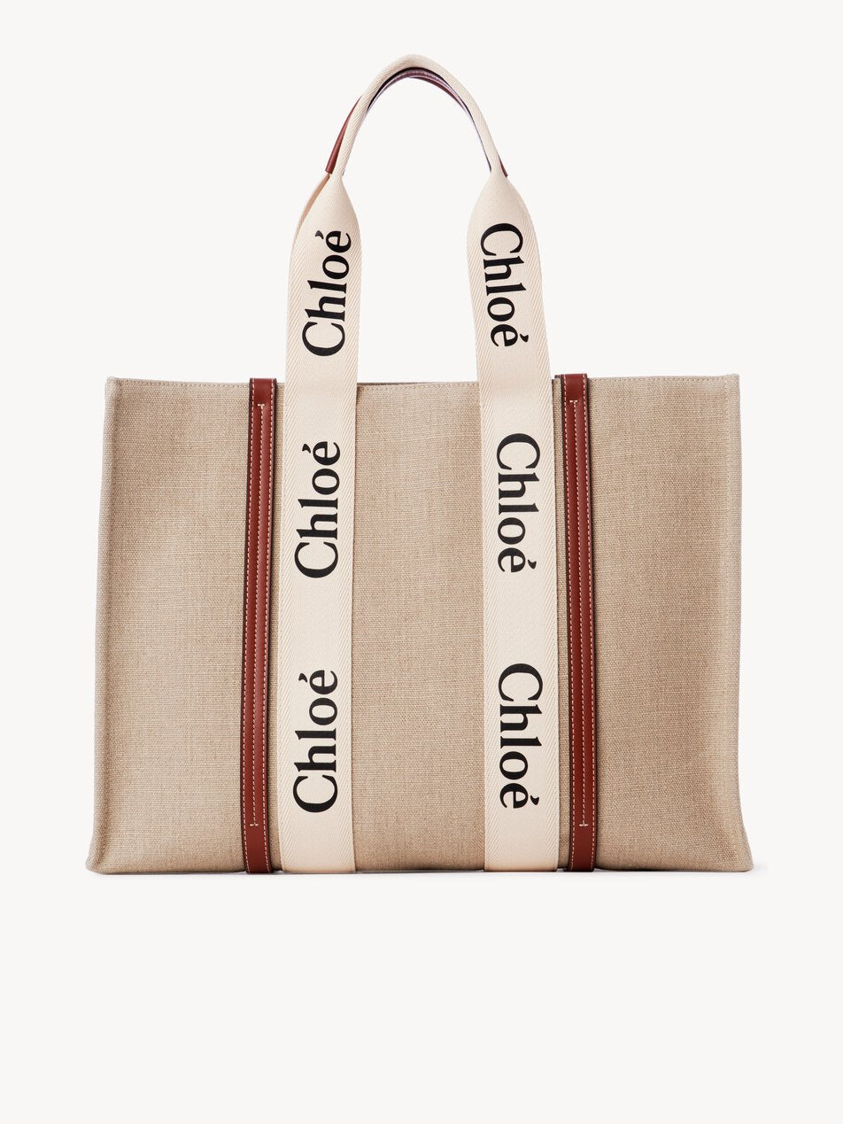 CHLOE Large Woody tote bag in linen White - Brown by CHLOE