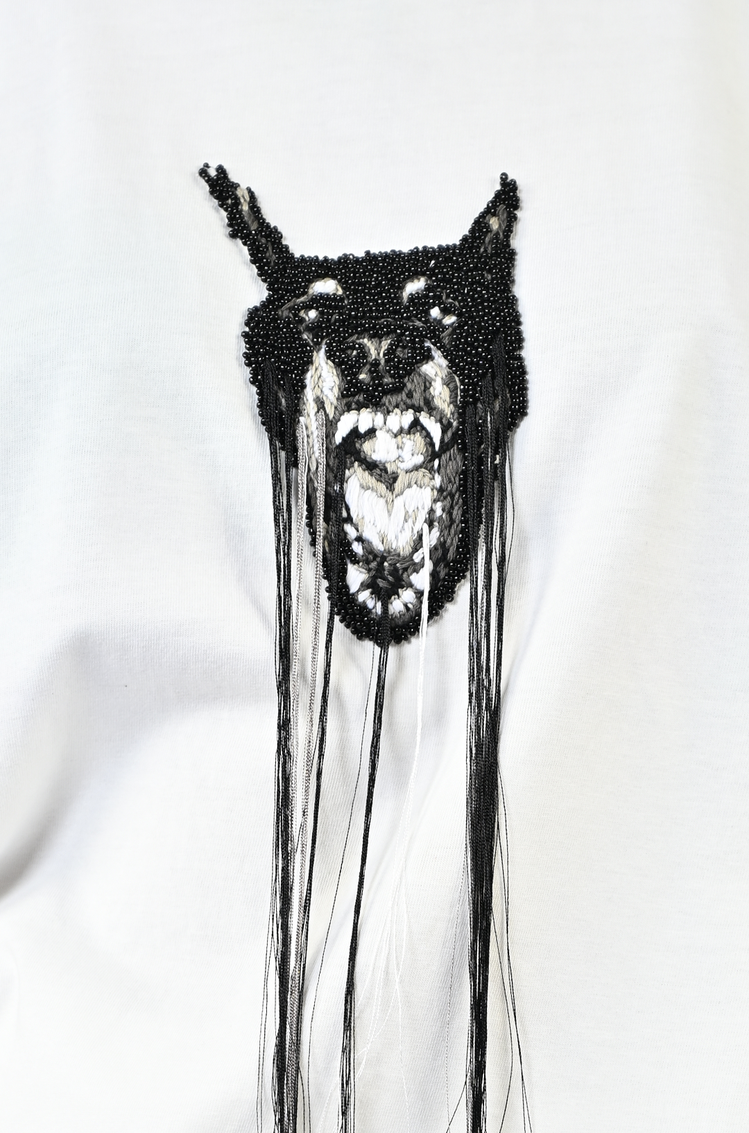 Hand-embroidered canine top with hanging silk threads (Men's) - White by HUEMN