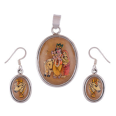 925 Sterling Silver Yellow Aventurine, Semi Stone Painting Pendant Sets - R8200002-2