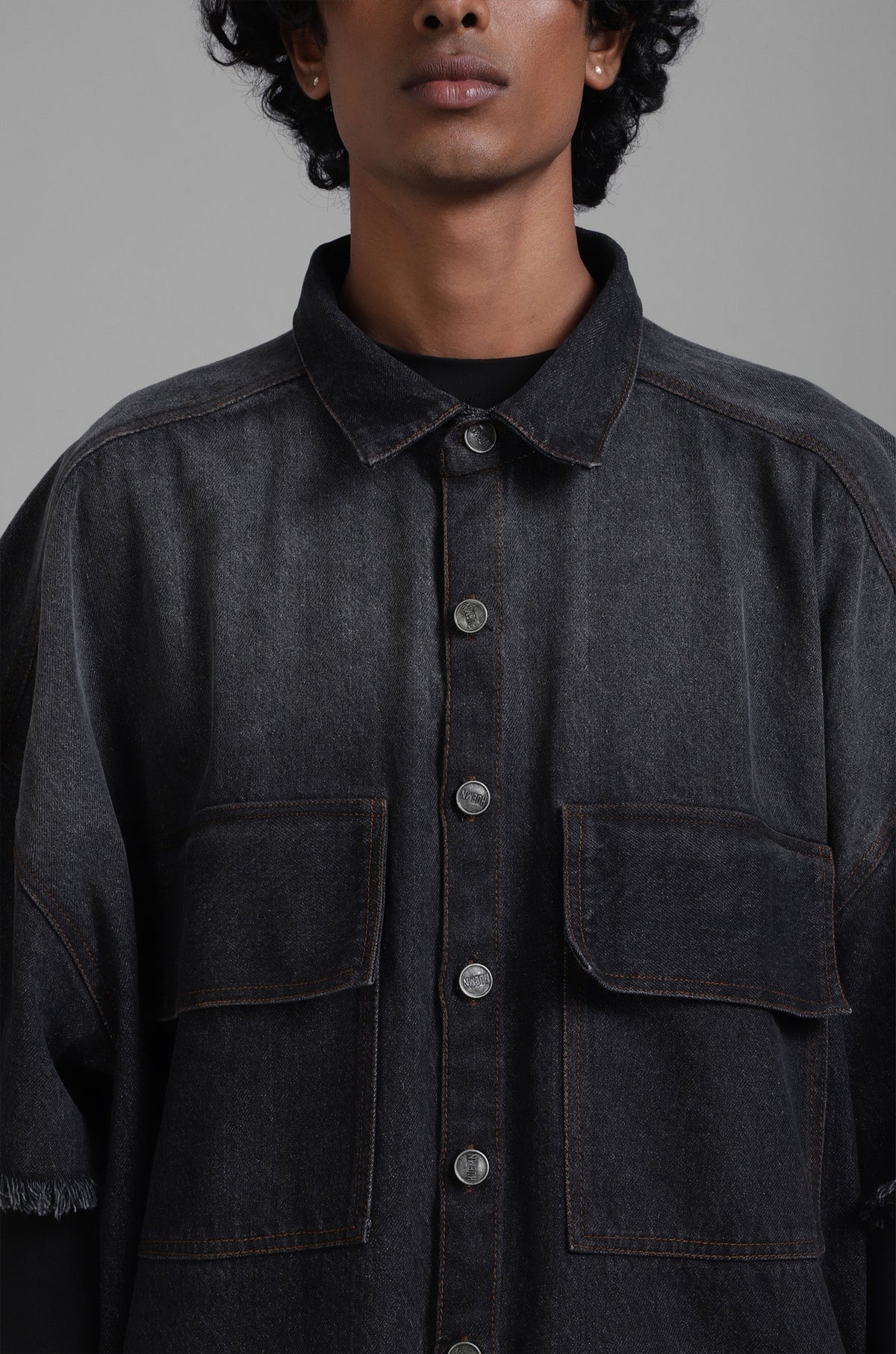 SuperHUEMN Dark Wash Faded Effect Denim Overshirt with Patched Pockets (Black) by HUEMN