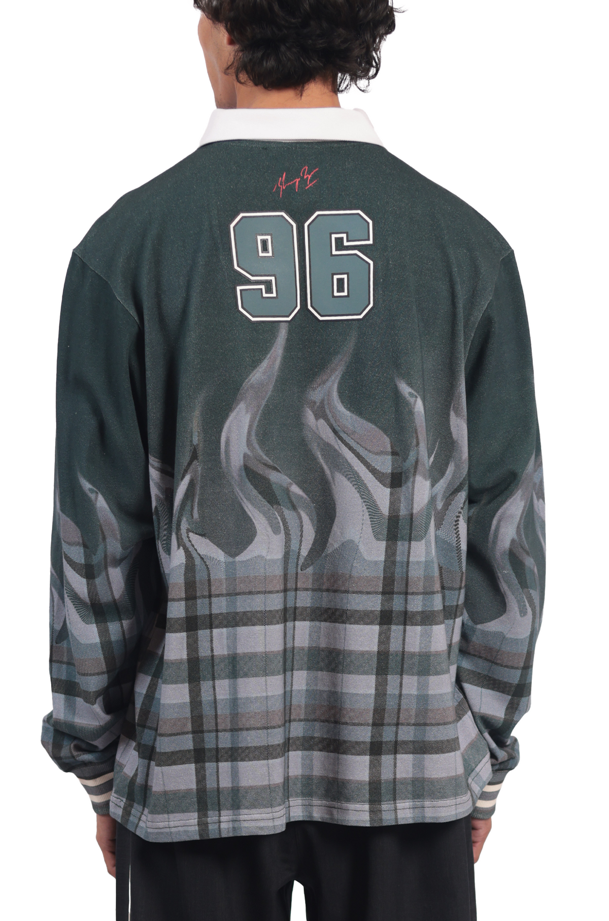 Shreyas Iyer x HUEMN 'SI' monogram full sleeved t-shirt in checkered flame pattern (Green) by HUEMN