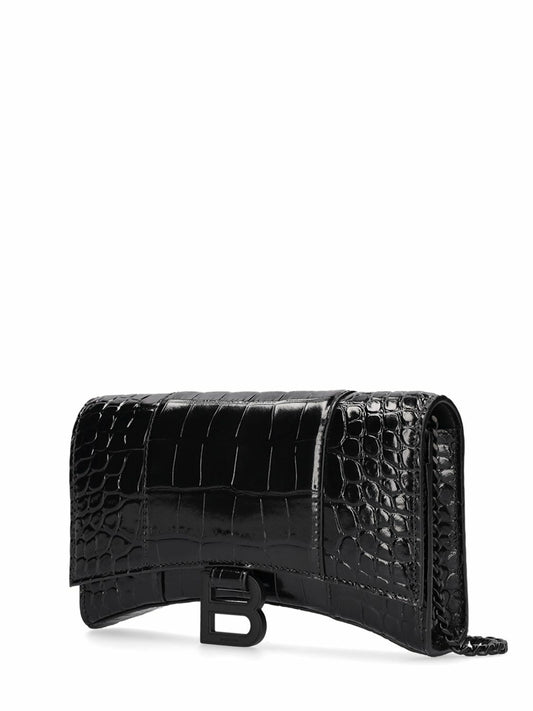 Balenciaga Hourglass Embossed Leather Chain Wallet – Blac