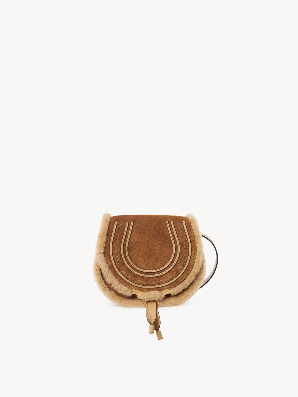 CHLOE Small Marcie saddle bag in suede leather & shearling Summery Beige by CHLOE