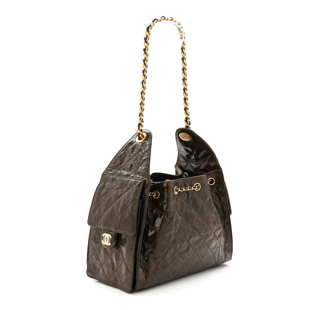 Chanel Shiny Crumpled Calfskin Quilted Small Chanel 25 Handbag – Khaki - Zeuskicks