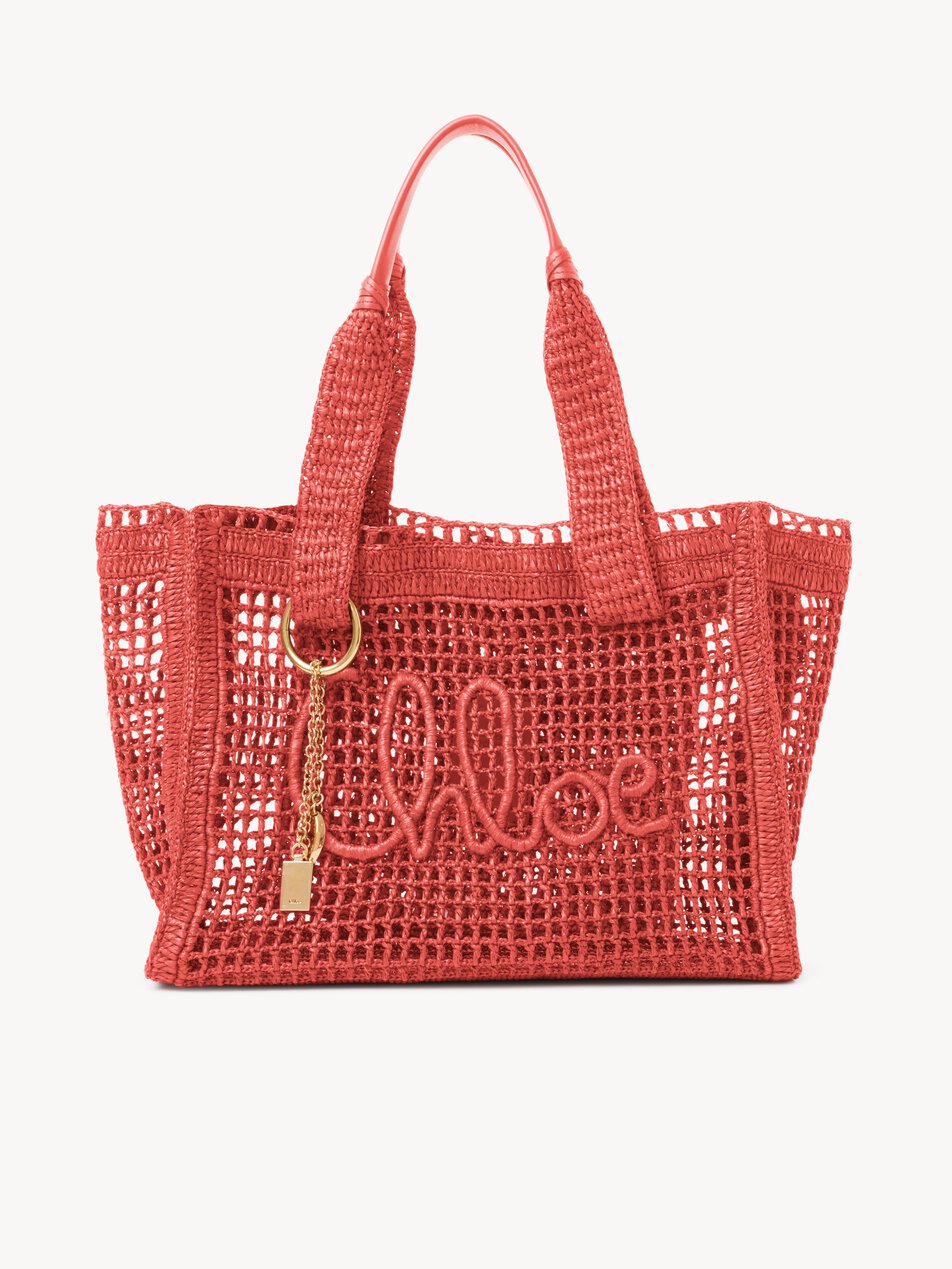 CHLOE Summer Banana east-west tote bag in raffia Camellia Coral by CHLOE