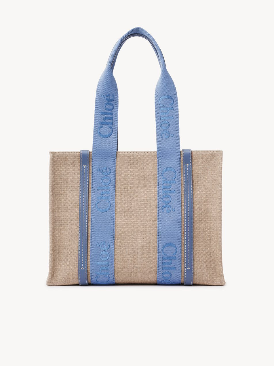 CHLOE Woody tote bag in linen Ashes Blue by CHLOE